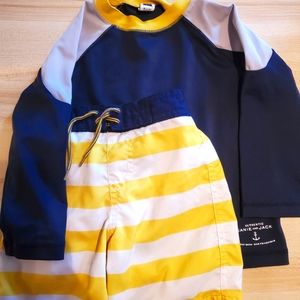 Janie And Jack JJ Navy & Yellow Striped Swim Trunk & Rash Guard